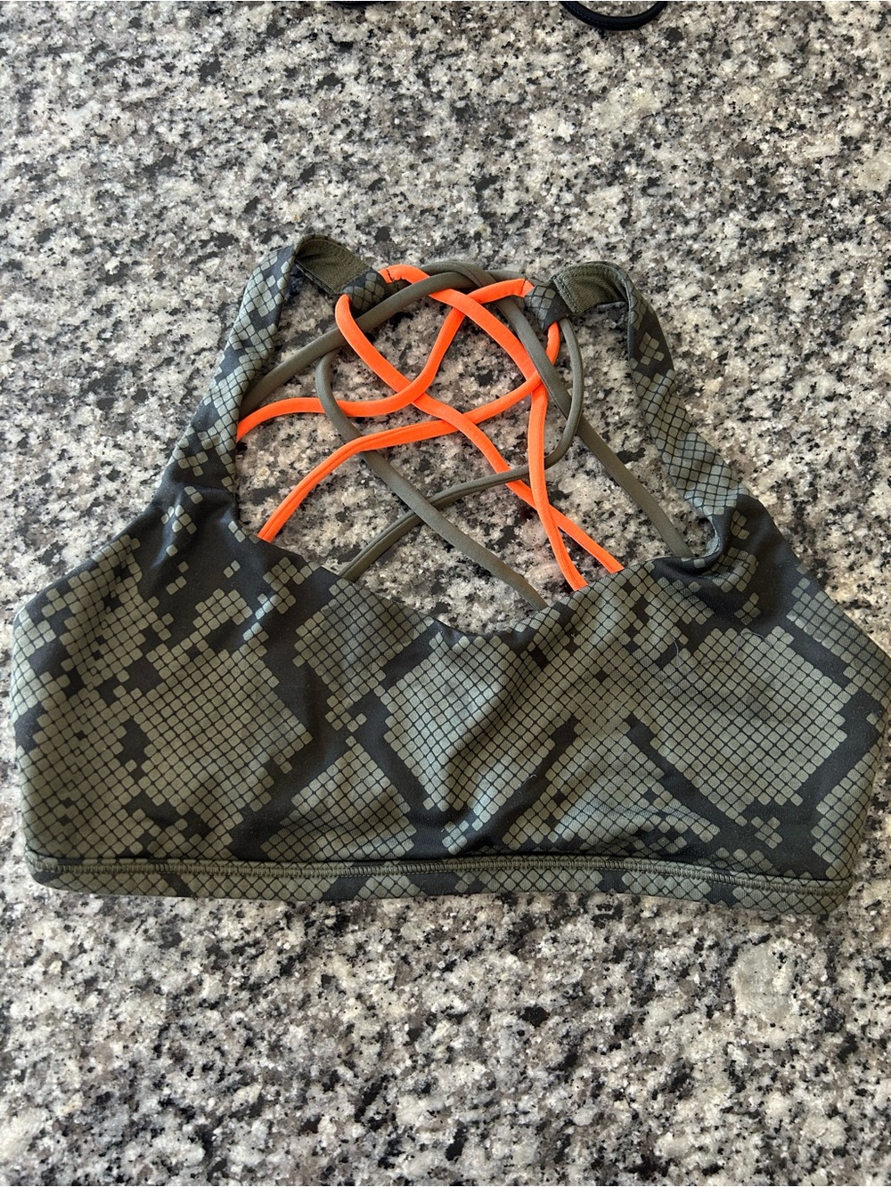 lululemon athletica Olive Green Camo Sports Bra with Neon Orange Straps